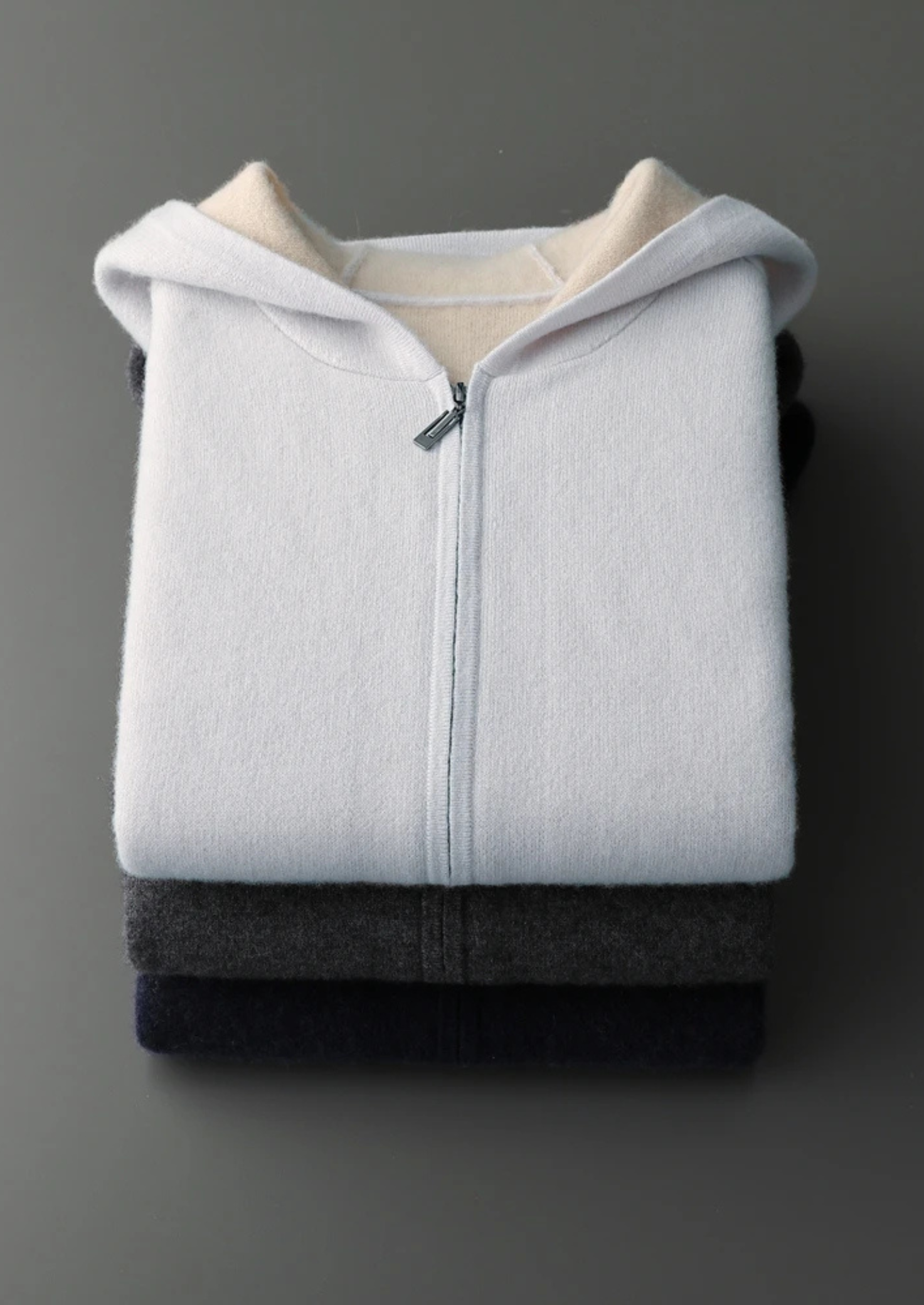 100% CASHMERE TWO -TONE ZIPPER HOODIE