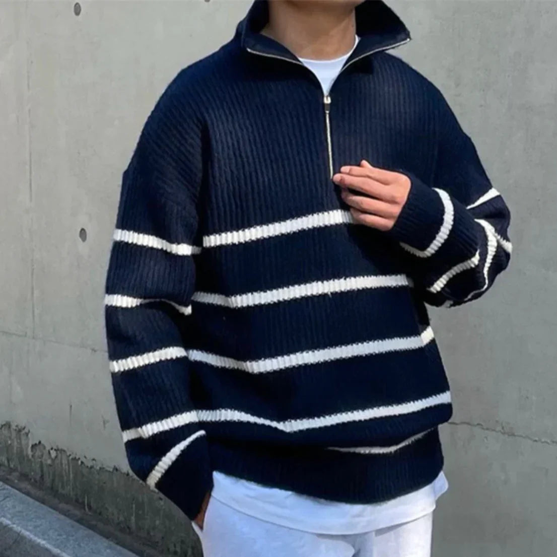 STRIPED QUARTER-ZIP SWEATER