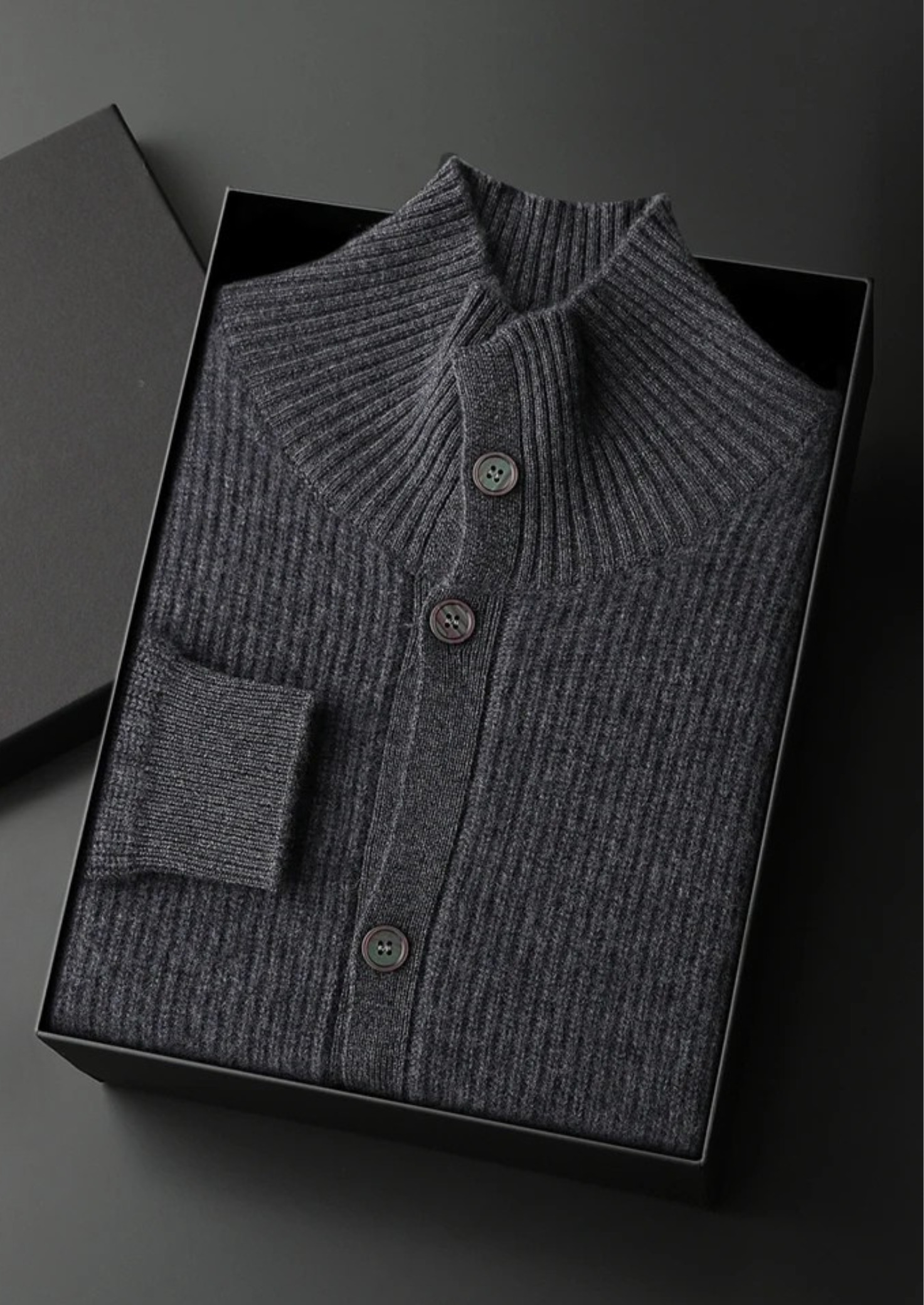 100% CASHMERE RIBBED HIGH COLLAR CARDIGAN