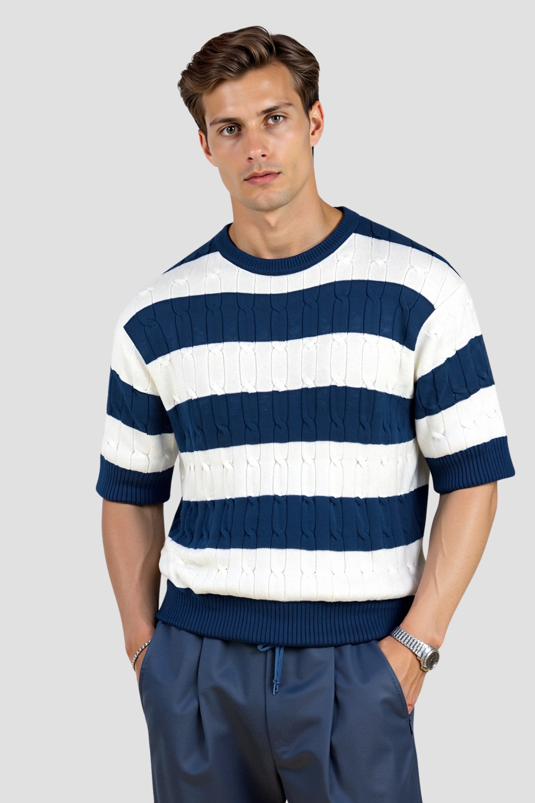 CABLE KNIT STRIPED T-SHIRT
